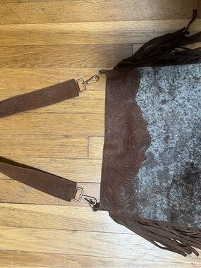 Brown Leather & Cowhide Fringe Shoulder Bag